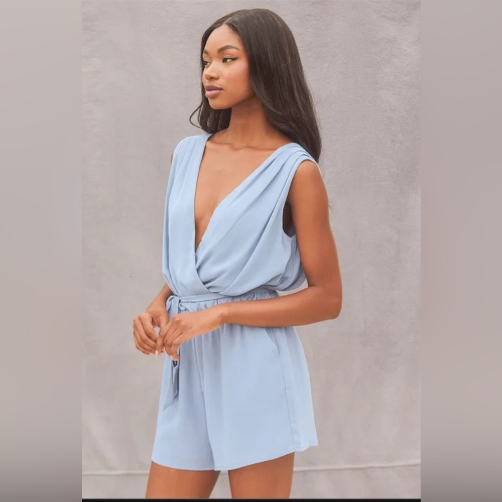 NEW Lulus Dusty Blue Gray Chiffon Romper - Picture 4 of 7